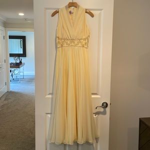 Yellow vintage 1960 full length ball gown beaded chiffon full skirt v-neck